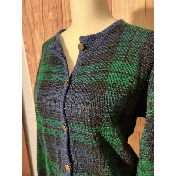Vintage Victoria Jones Petites Plaid Cardigan Green & Black Size PM - Picture 3 of 9